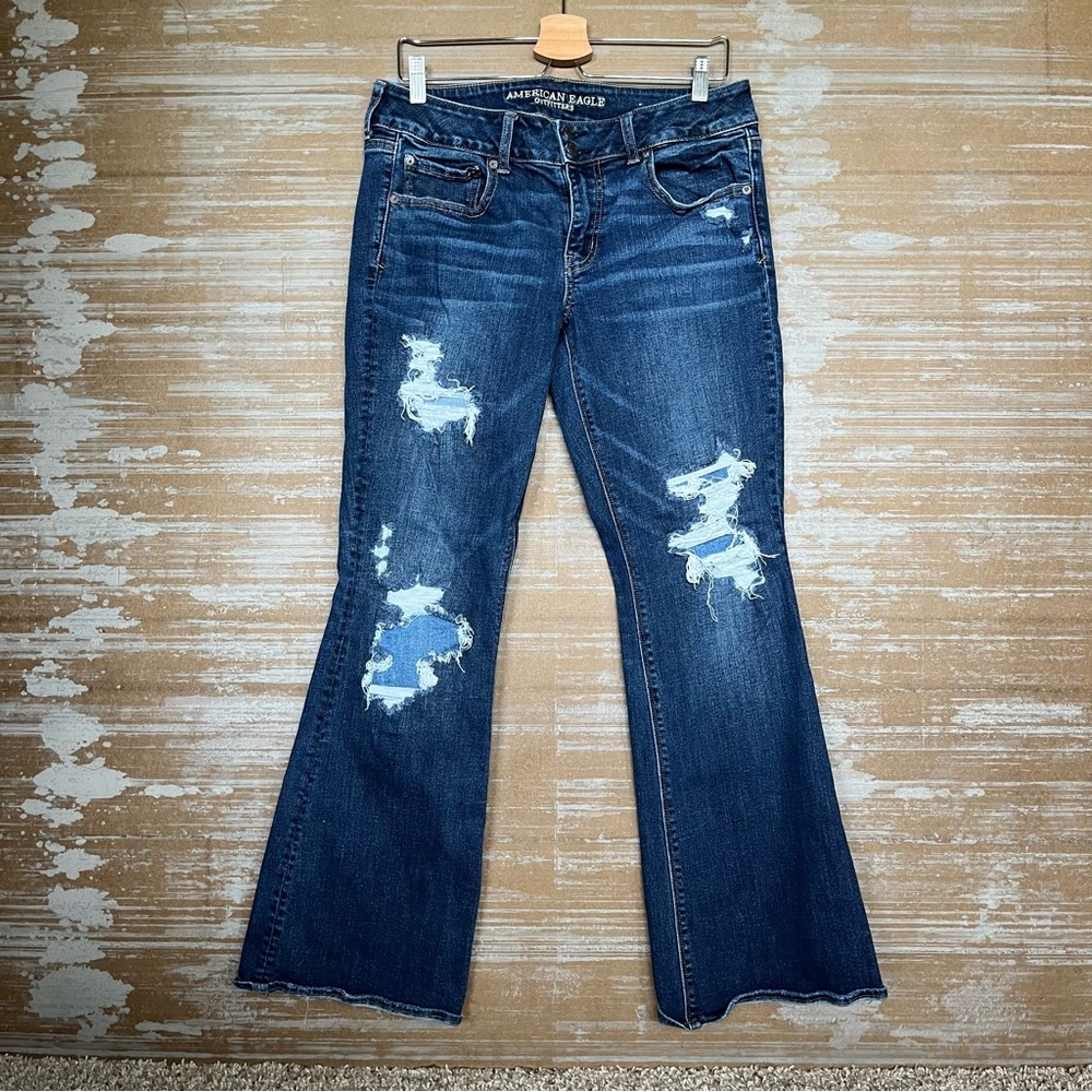 American Eagle Artist Flare Jeans Dark Wash Distressed Western Boho Womens 12